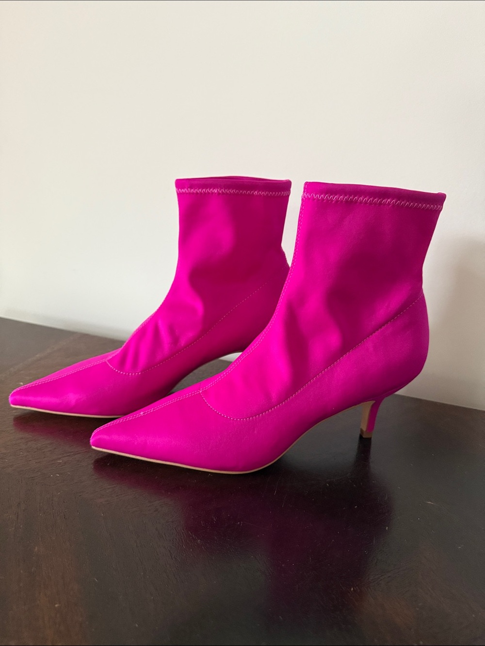 NWT! Aqua Fuchsia Pink Stretch Sock Ankle Booties with Kitten Heel